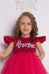 Barbie Sequined Pink Net Frock With Ruffled Sleeves For Girls