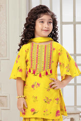 Yellow Sequins Work And Embroidered Sharara Set With Floral Printed For Girls