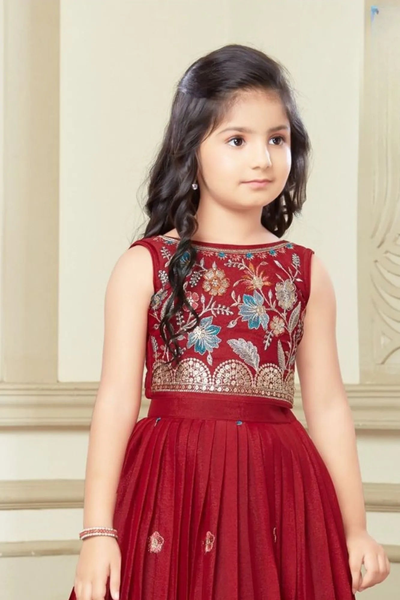 Maroon Floral Embroidered Ethnic Lehenga Choli for Girls