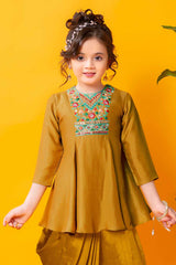 Mustard Embroidered Top With Dhoti Bottom Set For Girls