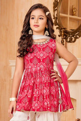 Rani Pink Mirror Work Kurti With Sequins And Zari Embroidered Dhoti Set For Girls