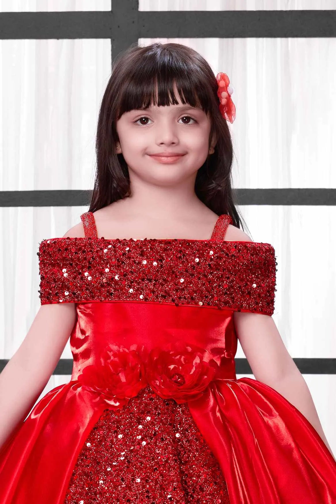 Red Sequined High-Low Party Wear Frock for Girls