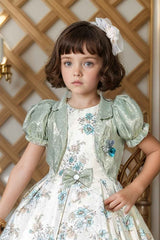 Floral Printed Cream Partywear Frock With Olive Green Overcoat For Girls