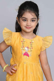 Mustard Frill Sleeves Chanderi Silk Frock With Zari Embroidery For Girls