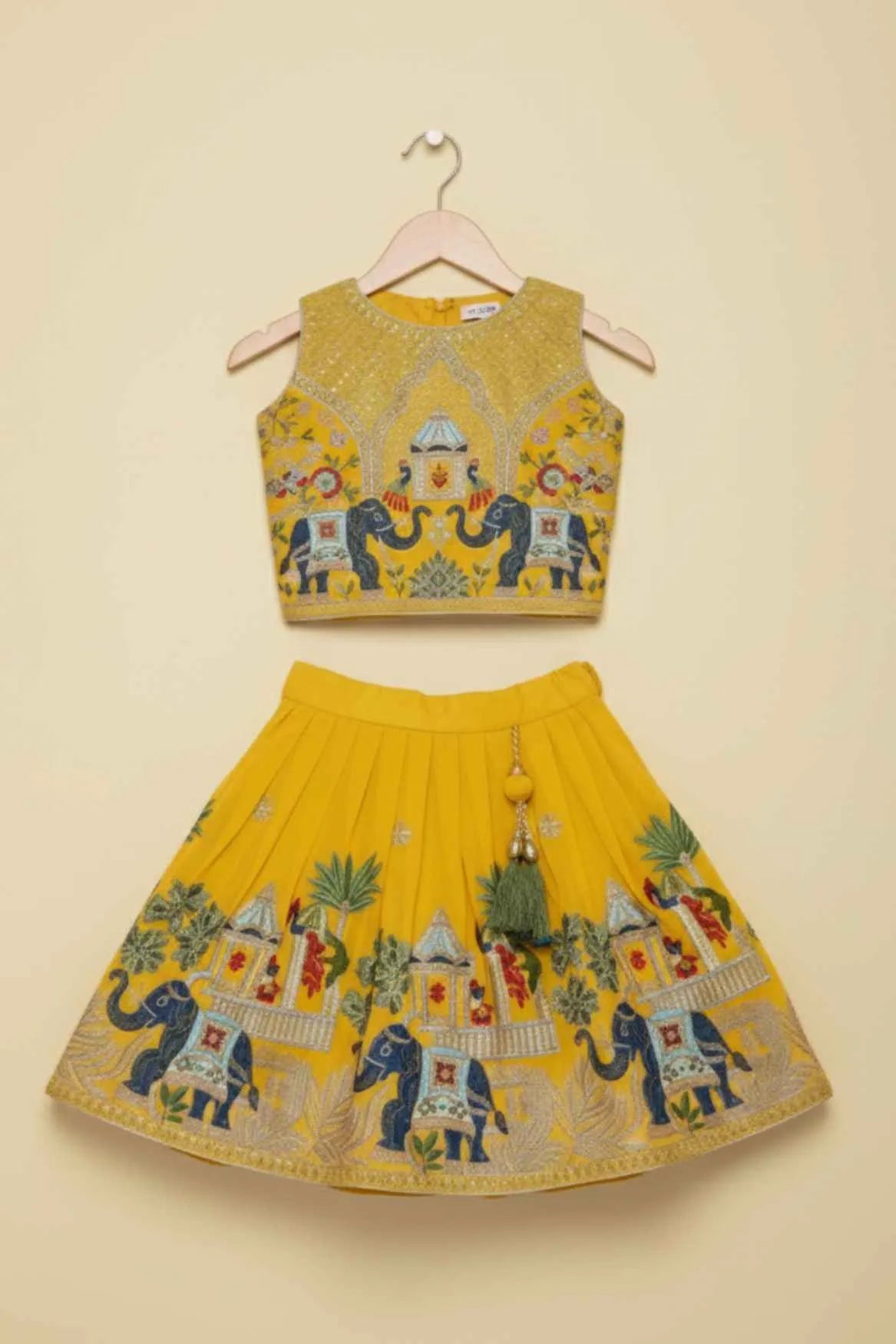 Royal Elephant Motif Yellow Embroidered Ethnic Skirt & Top Set For Girls