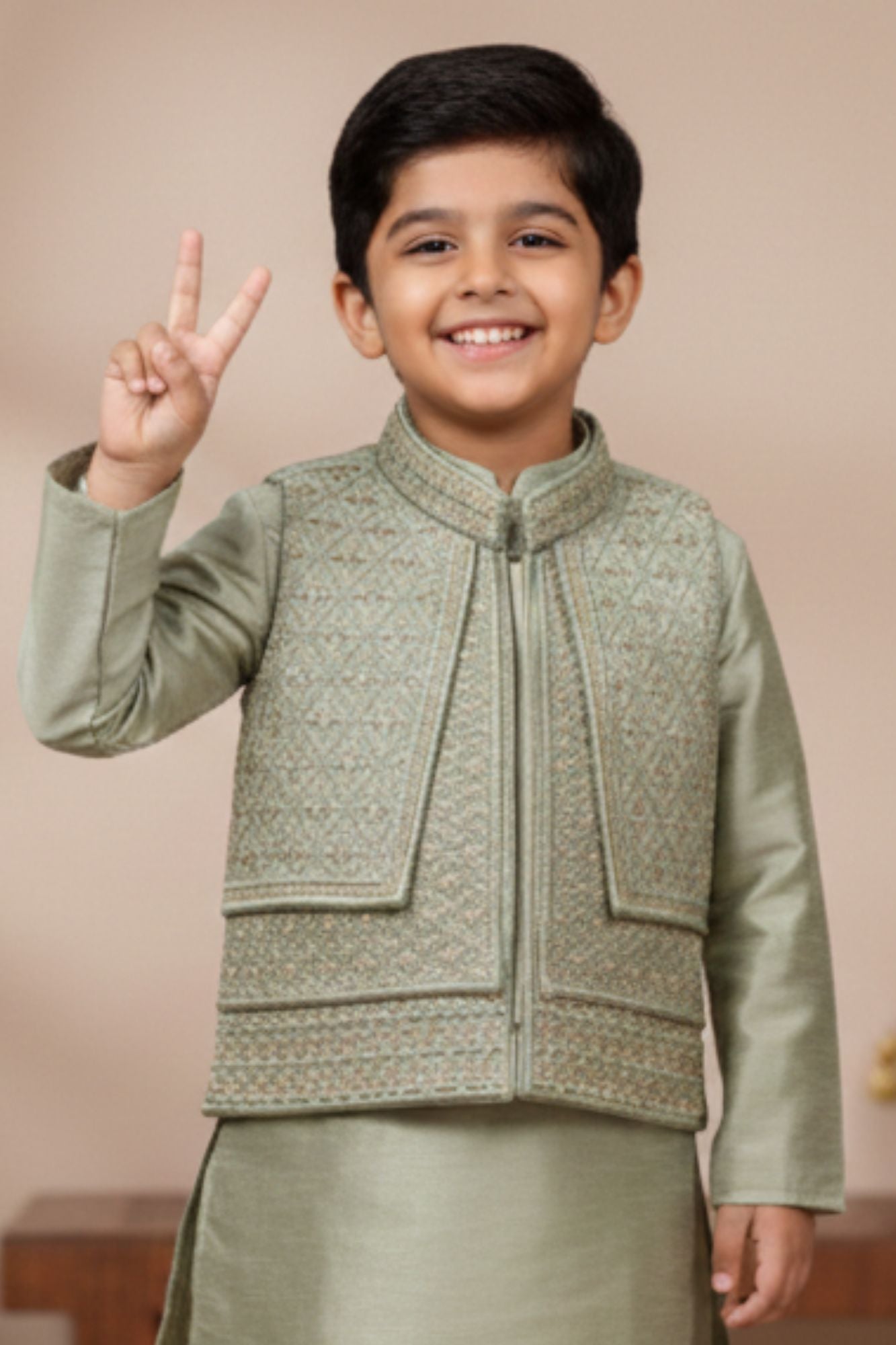 Pista Green Embroidered Kurta Pajama Set with Ethnic Jacket for Boys