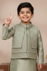 Pista Green Embroidered Kurta Pajama Set with Ethnic Jacket for Boys