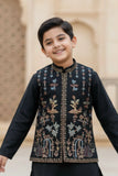 Black Kurta Pajama with Multicolored Embroidered Nehru Jacket Set For Boys