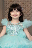 Blue Shimmer Tailback Party Wear Frock With Floral Embellishment For Girls