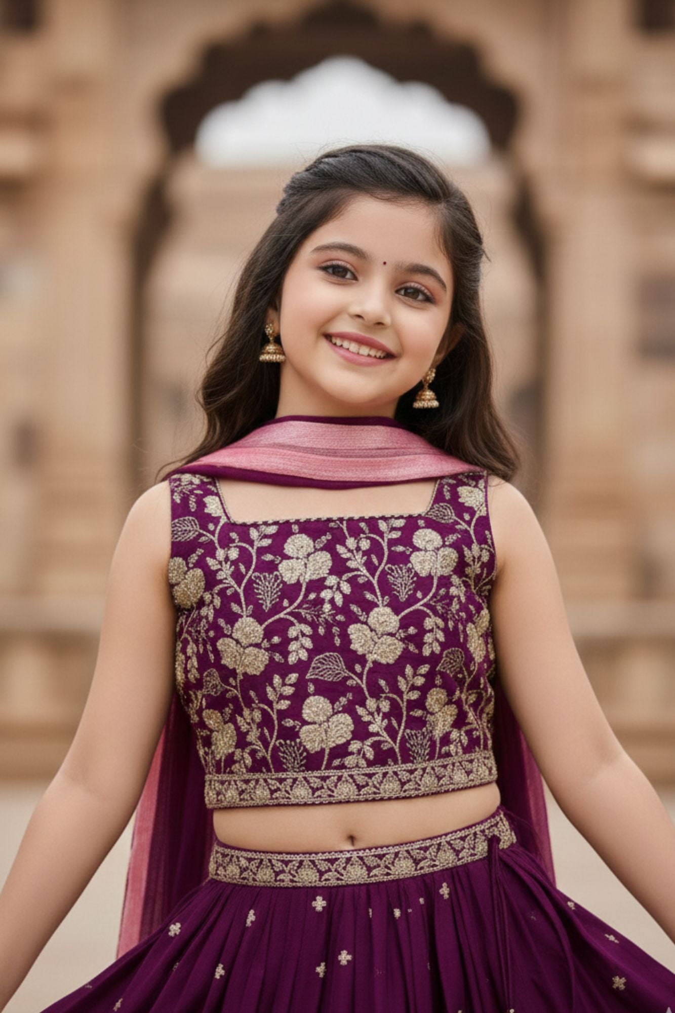 Premium Wine Embroidered Lehenga Choli with Dupatta For Girls