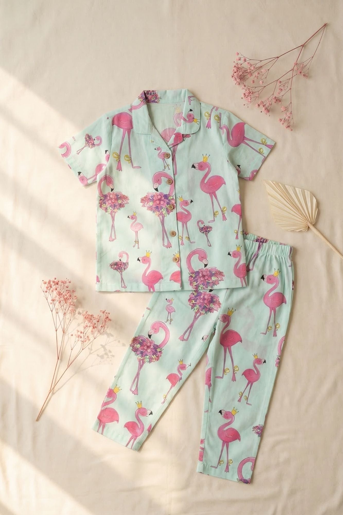 Mint Green Flamingo Print Cotton Night Suit Set For Girls