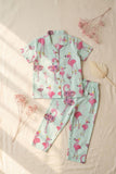 Mint Green Flamingo Print Cotton Night Suit Set For Girls