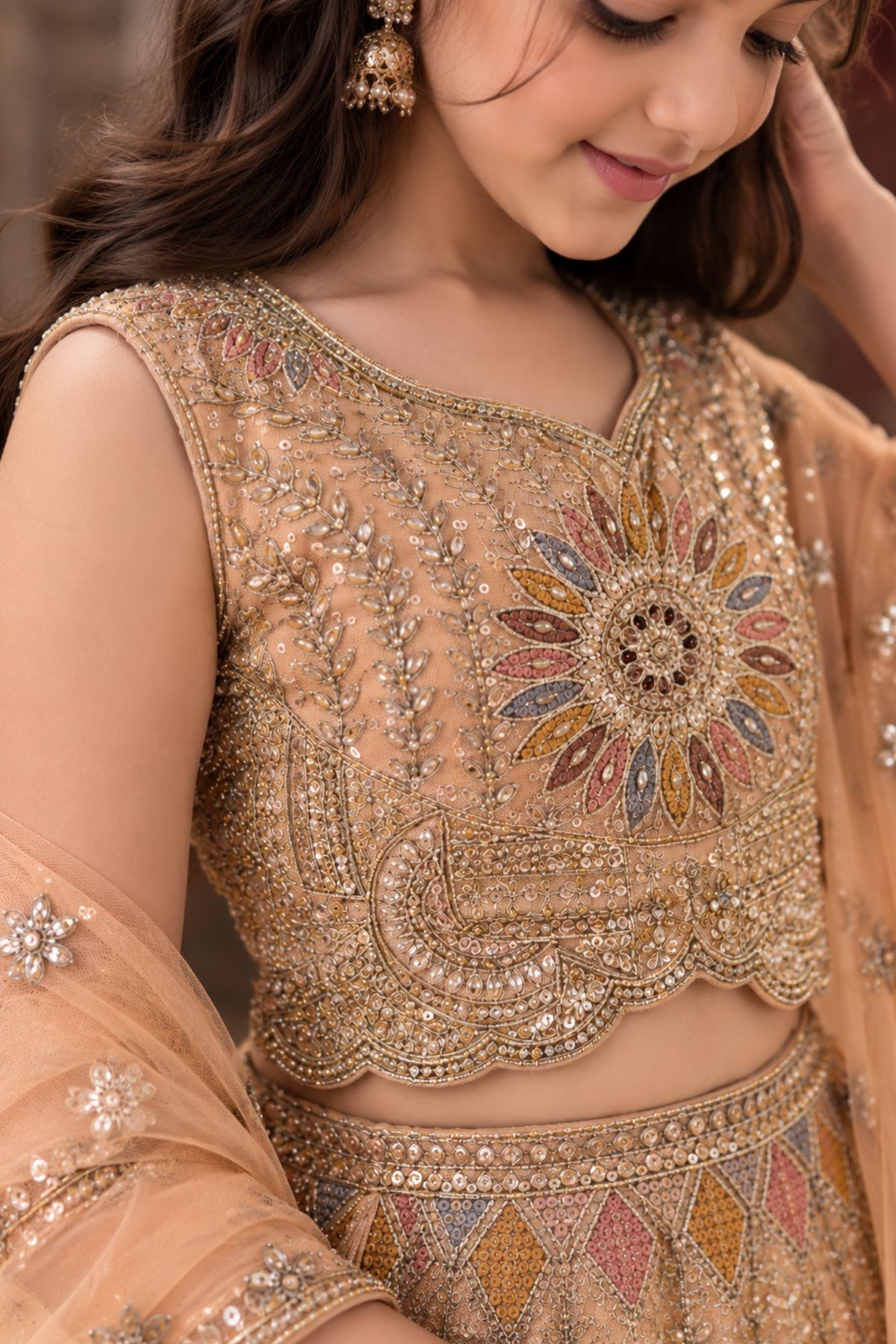Peach Peacock And Floral Embroidered Lehenga Choli with Dupatta For Girls
