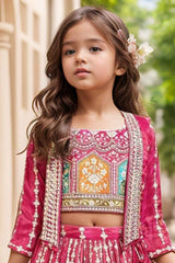 Red Sequin Work And Embroidered Lehenga Choli Set With Overcoat For Girls