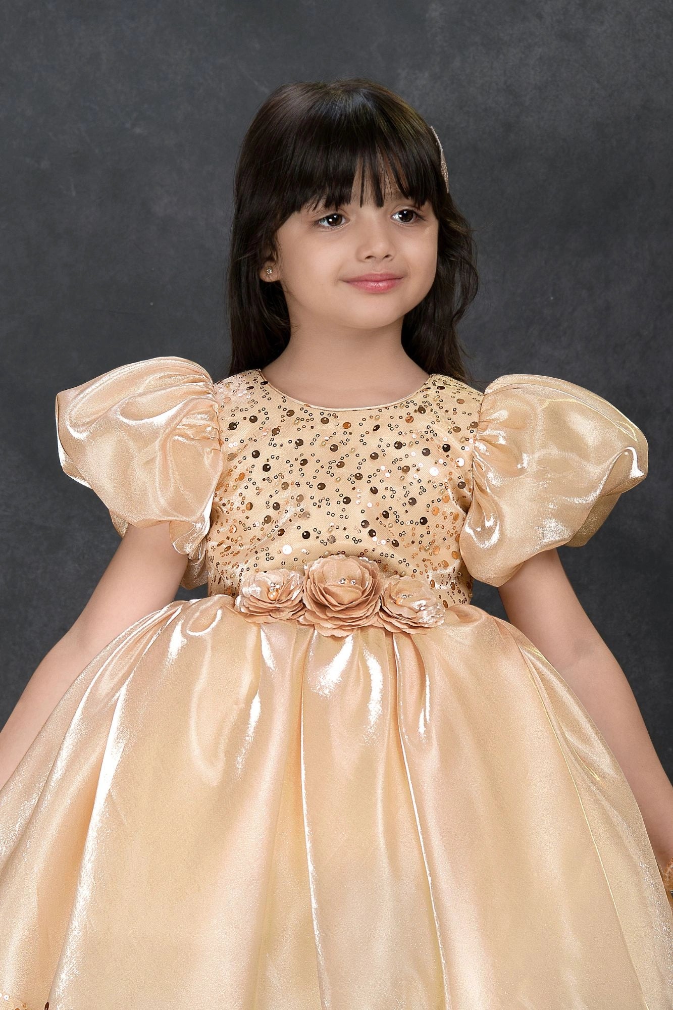Golden Sequin Party Wear Frock with Puffy Sleeves and Floral Waist Detail For Girls