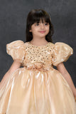 Golden Sequin Party Wear Frock with Puffy Sleeves and Floral Waist Detail For Girls