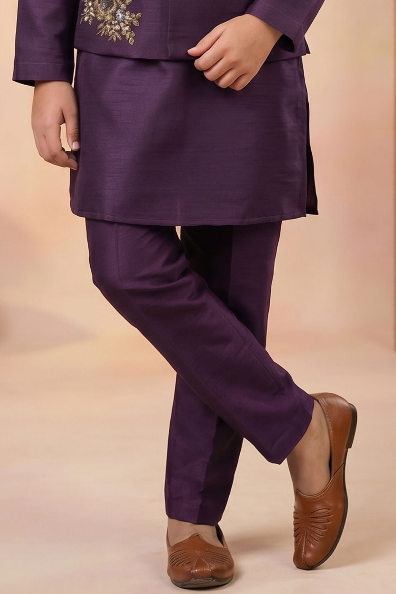 Boys Wine Kurta Set with Embroidered Nehru Jacket