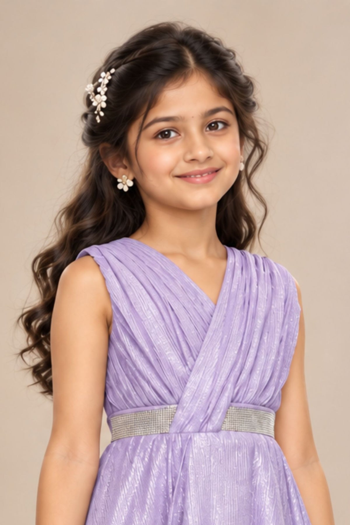 Elegant Sleeveless Lavender Shimmer Party Wear Gown For Girls