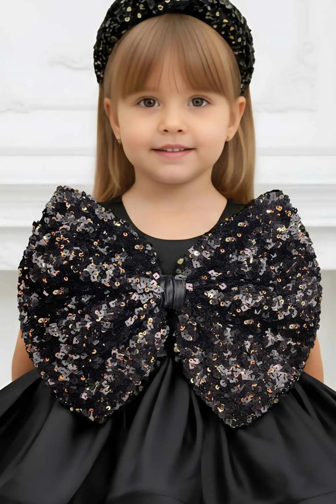 Black Sequin Bow Party Frock For Girls