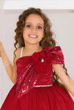 Cherry Red Party Frock With Sequin Bow And 3D Flower Detail For Girls