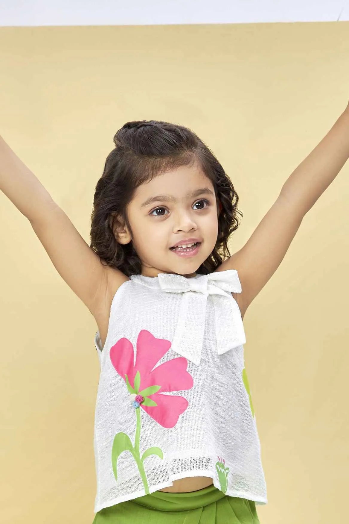White Floral Top with Green Shorts Co ord Set For Girls