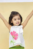 White Floral Top with Green Shorts Co ord Set For Girls