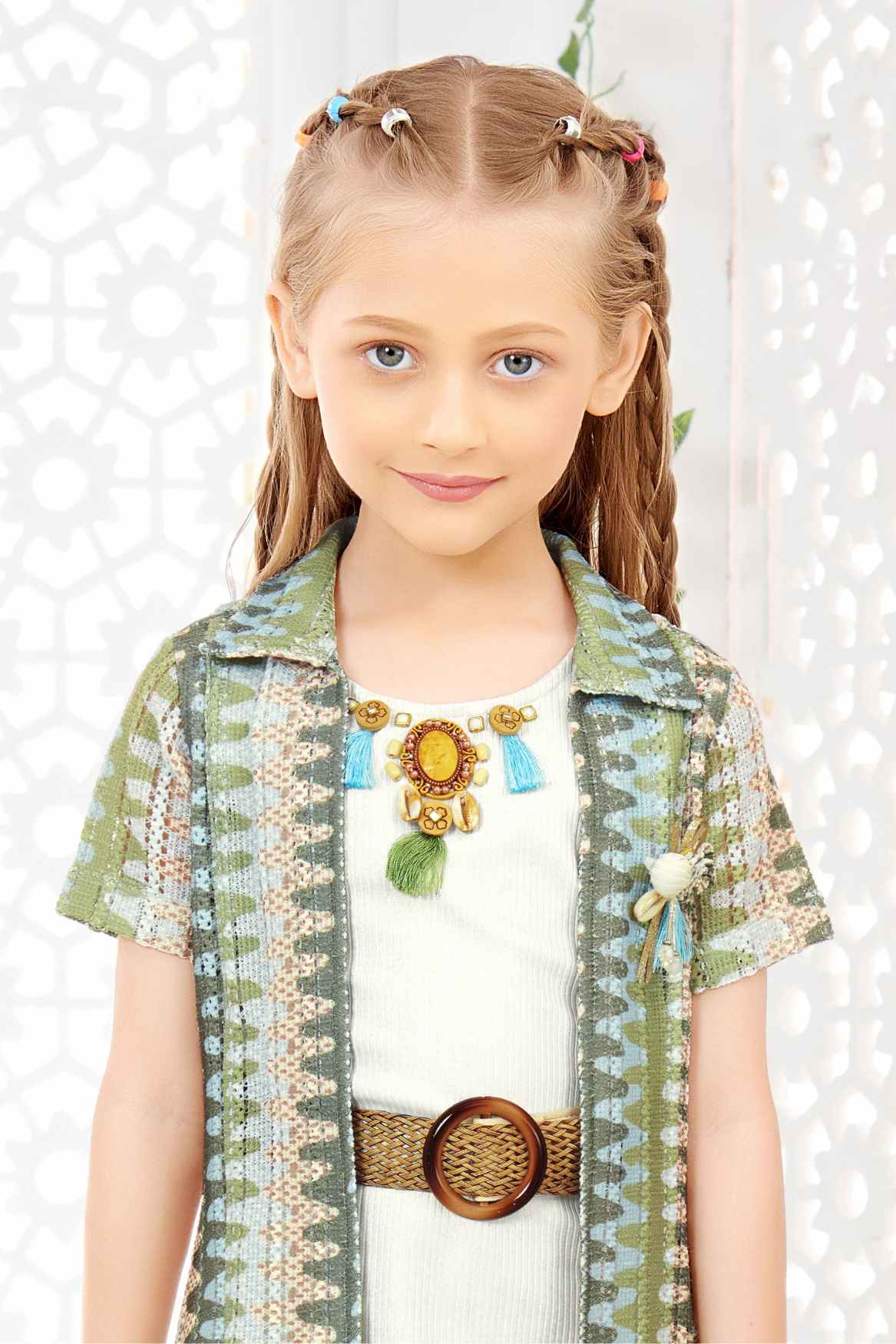 Cream Dress With Crochet Green Overcoat With Waistband Set For Girls
