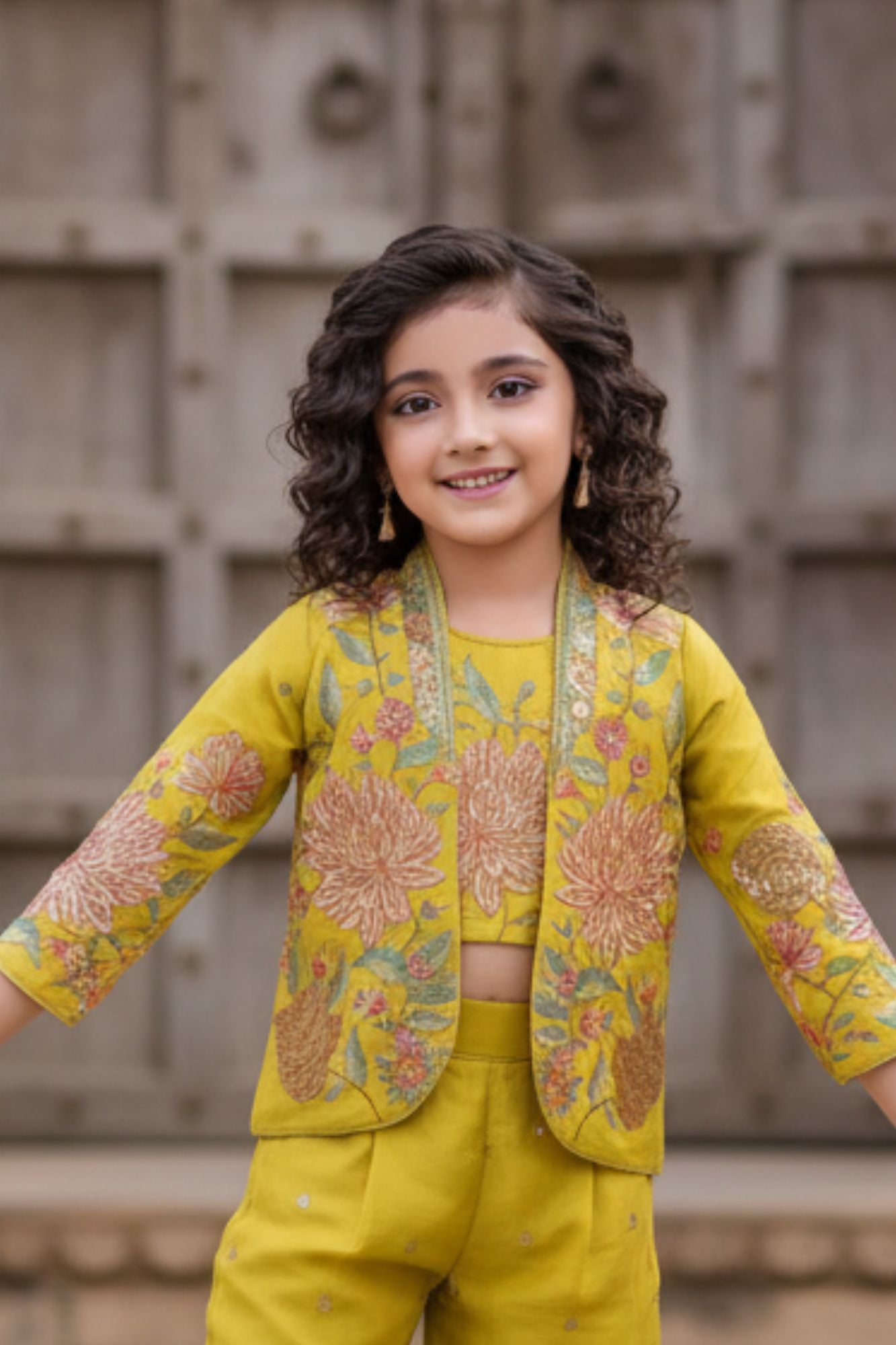 Golden Yellow Embroidered Ethnic Co-Ord Set With Jacket  For Girls