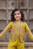 Golden Yellow Embroidered Ethnic Co-Ord Set With Jacket  For Girls