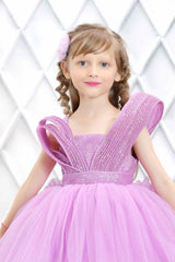 Designer Purple Sequin Partywear Net Tailback Frock For Girls