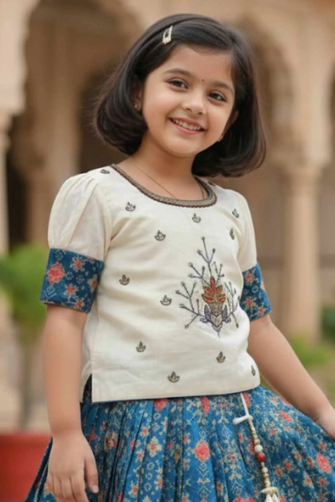 Ivory And Teal Blue Silk  Pattu Pavadai For Girls