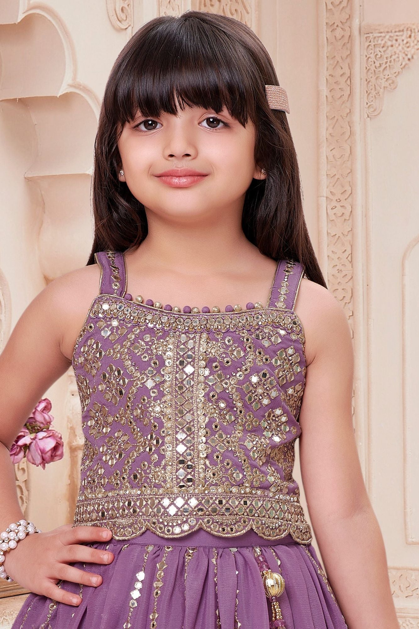Girls Lavender Embroidered Lehenga Choli Set with Dupatta
