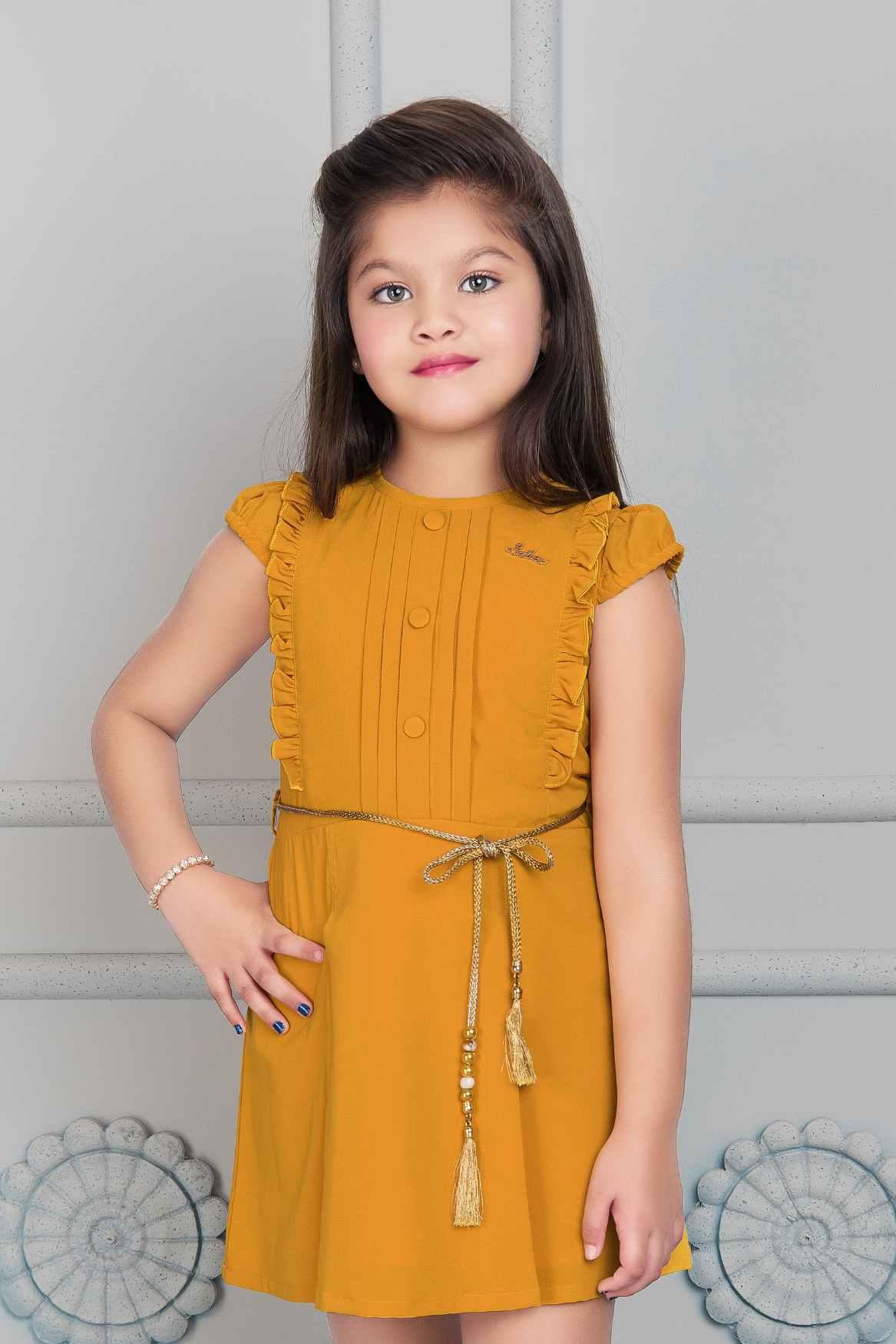 Mustard Casual Frock With Puff Sleeves For Girls - Lagorii Kids
