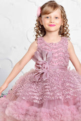 Pink Net Party Wear Tailback Frock Embellished With Floral For Girls - Lagorii Kids