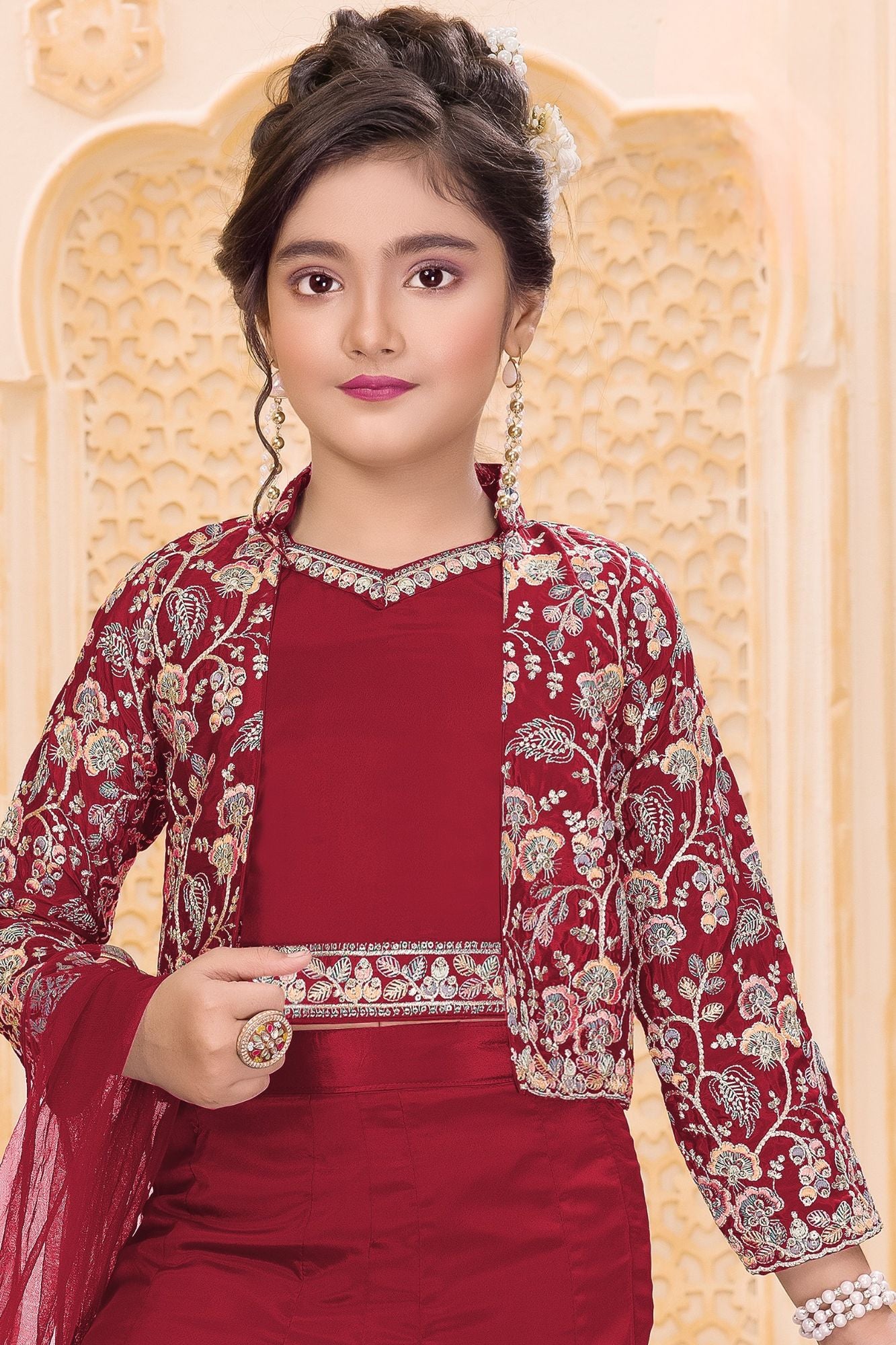 Red Embroidered 3-Piece Palazzo Set for Girls