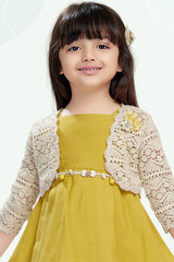 Girls Mustard Yellow Layered Frock With Lace Shrug And Floral Accent