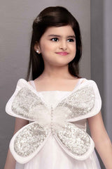 White Butterfly Embellished With Sequins And Pearl Work Gown For Girls