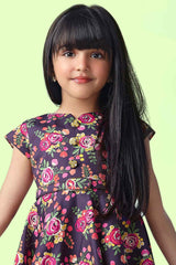 Stylish Purple Floral Printed Frock For Girls
