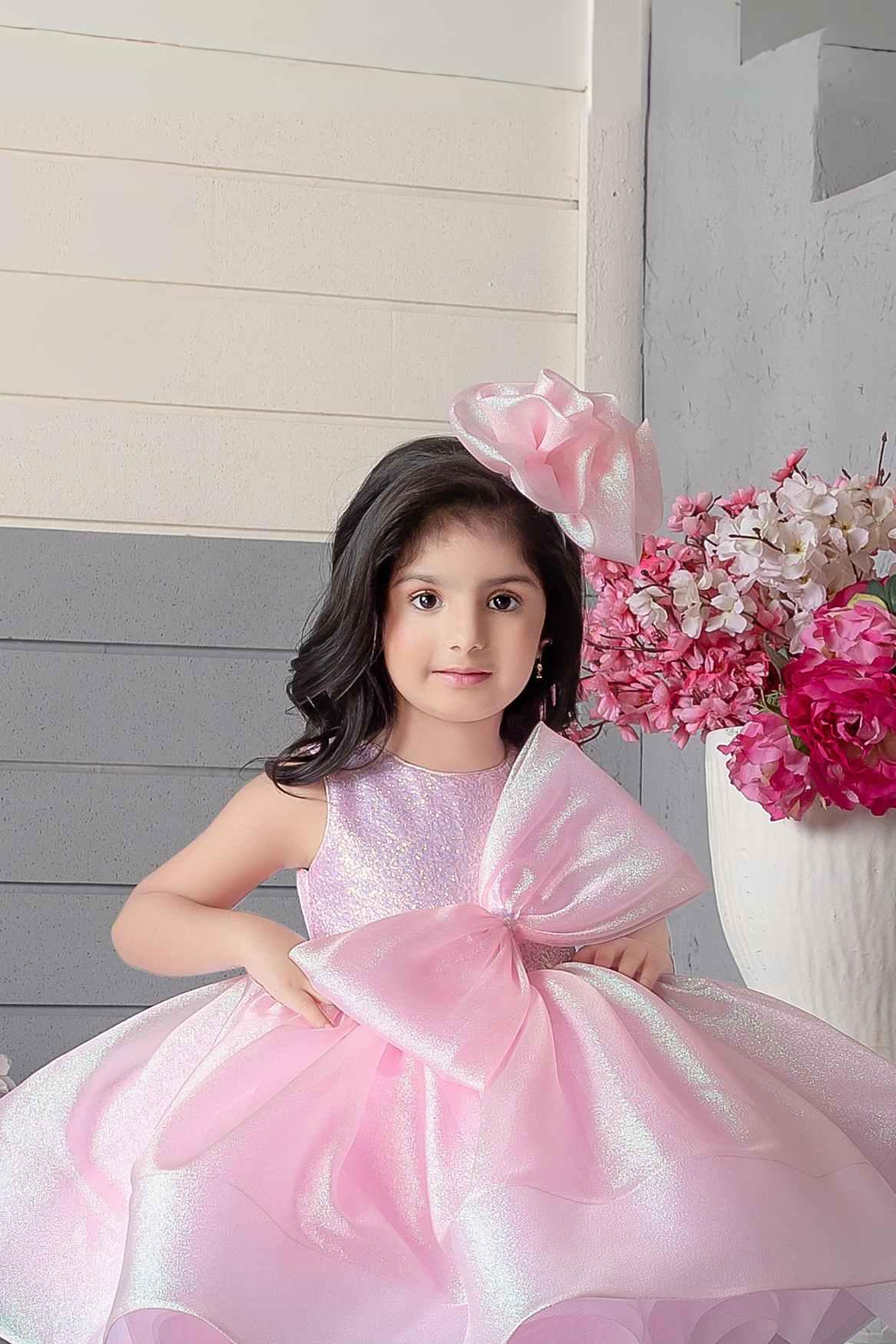 Pink Shimmer Organza Frock With Bow Embellishment For Girls - Lagorii Kids