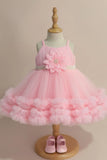 Baby Pink Net Party Wear Frock with 3D Flower & Ruffle Hem For Girls