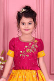 Pink and Mustard Yellow Pattu Pavadai Set With Embroidery For Girls