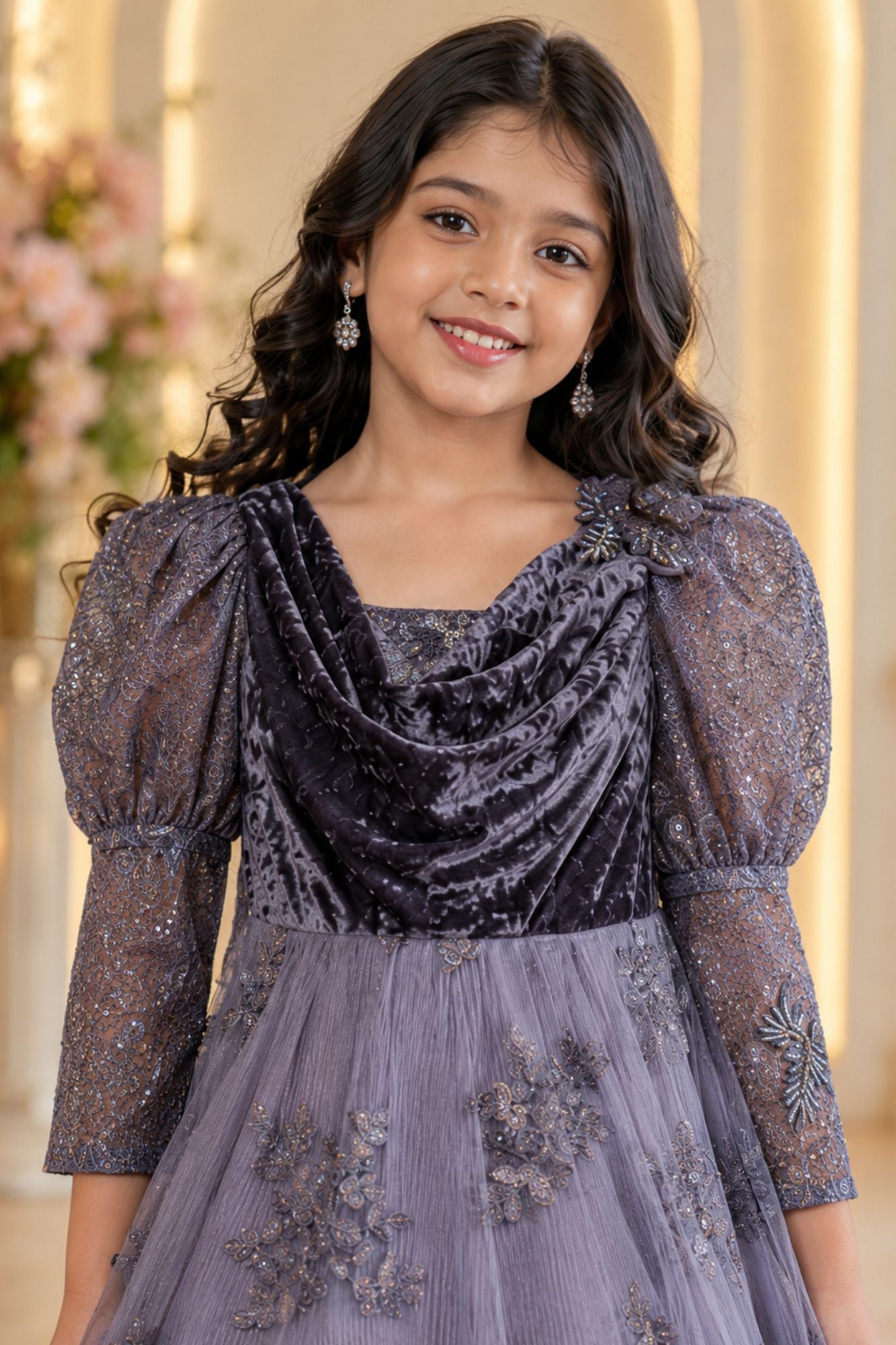 Charcoal Embroidered Ball Gown with Velvet Drape Neck
