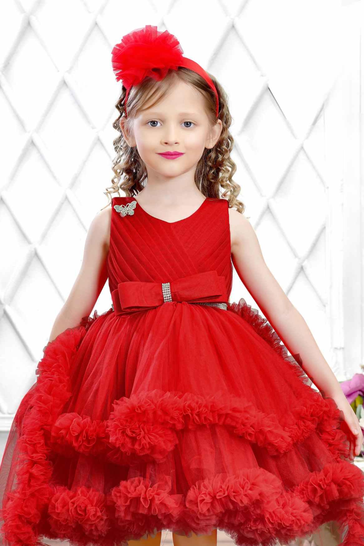 Red Net Party Wear Tailback Frock Embellished With Bow For Girls - Lagorii Kids