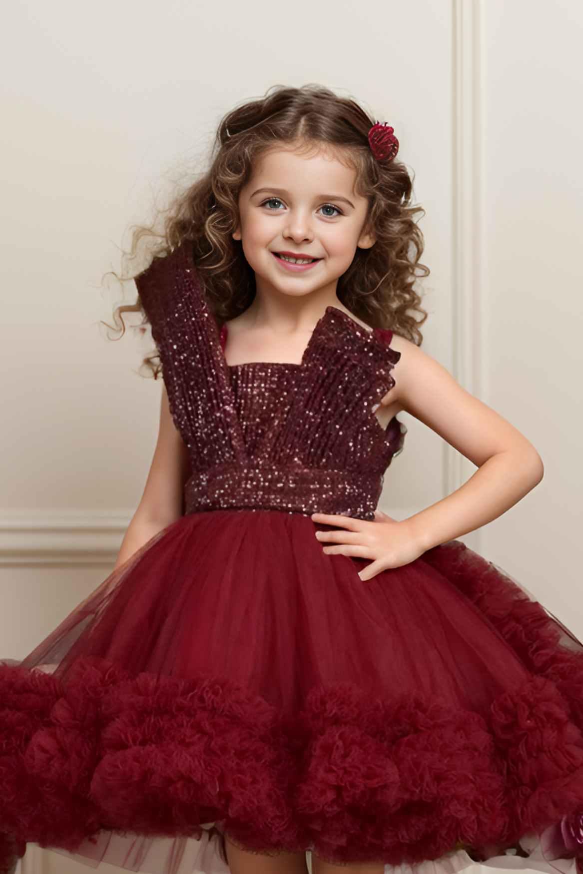 Designer Maroon Sequin Partywear Net Tailback Frock For Girls - Lagorii Kids