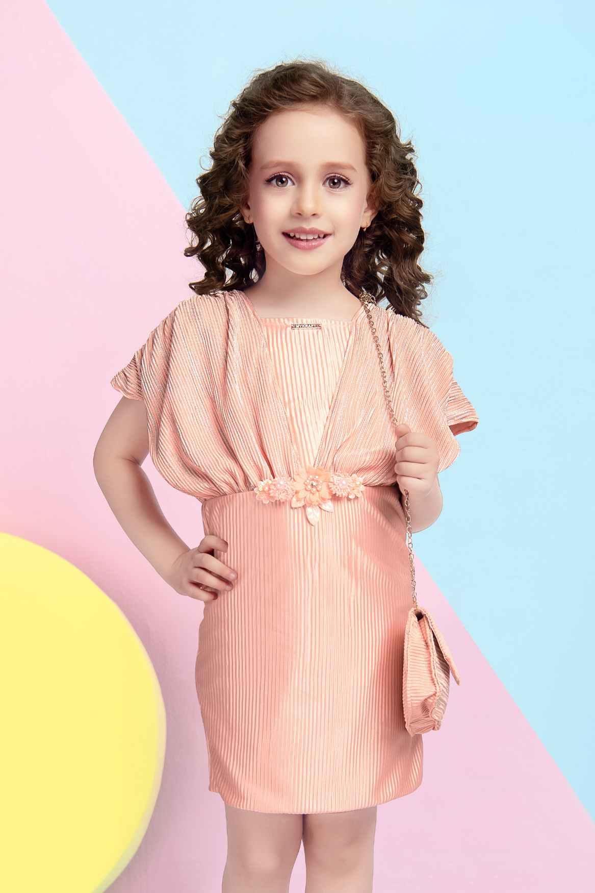 Peach Satin Midi Dress With Sling bag For Girls - Lagorii Kids