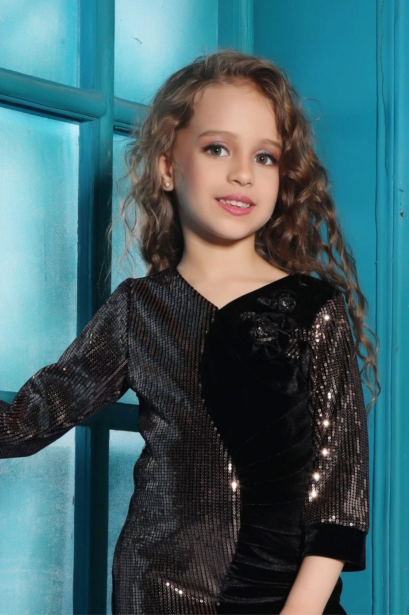 Black Sparkle Velvet And Sequin Party Dress For Girls