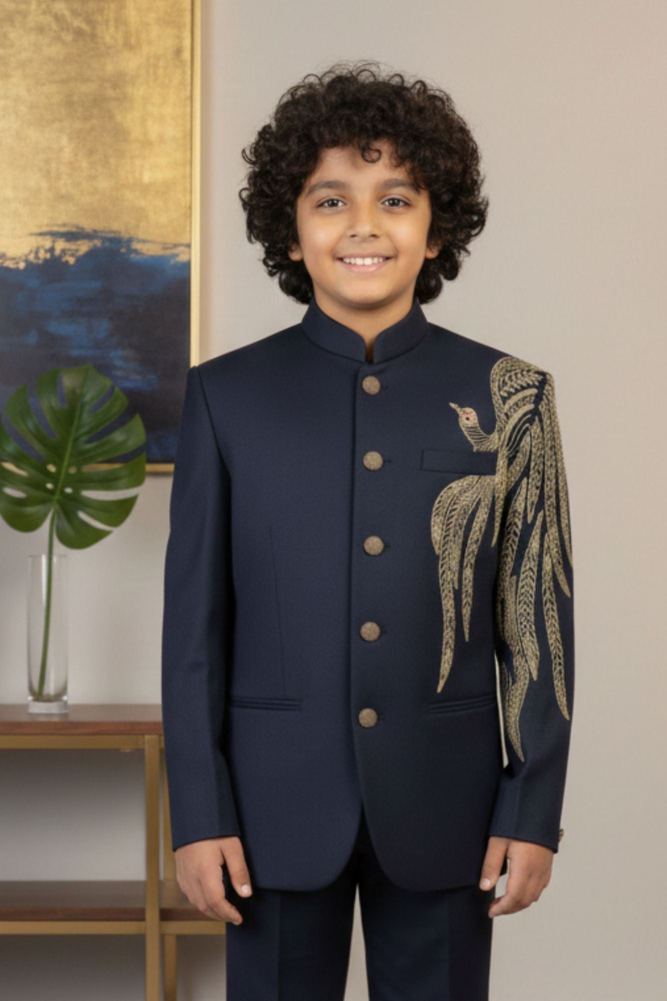 Navy Blue Embroidered Jodhpuri Suit Set With Golden Peacock Motif For Boys