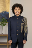 Navy Blue Embroidered Jodhpuri Suit Set With Golden Peacock Motif For Boys
