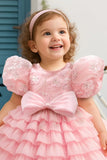 Pink Floral Embellished Party Frock With Puff Sleeves And Ruffle Skirt For Girls