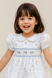 White & Blue Floral Smocked Dress with Peter Pan Collar For Girls